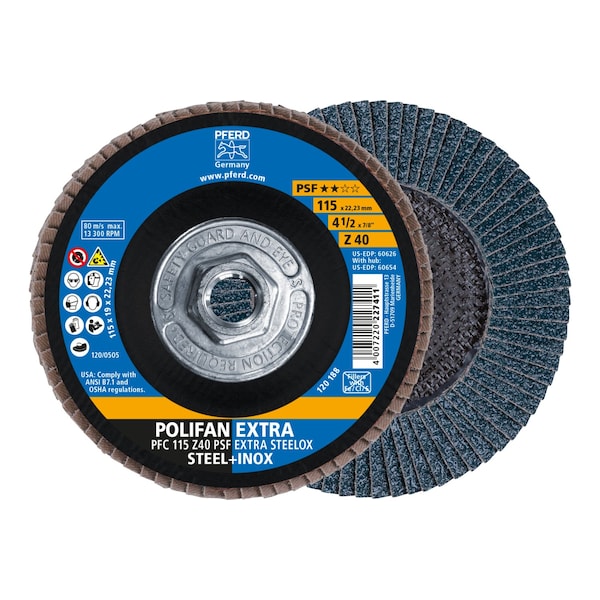 Pferd 4-1/2" x 5/8-11 Thd. POLIFAN Flap Disc - Z PSF EXTRA STEELOX, Zirconia, 40 Grit, Conical 60654 - main